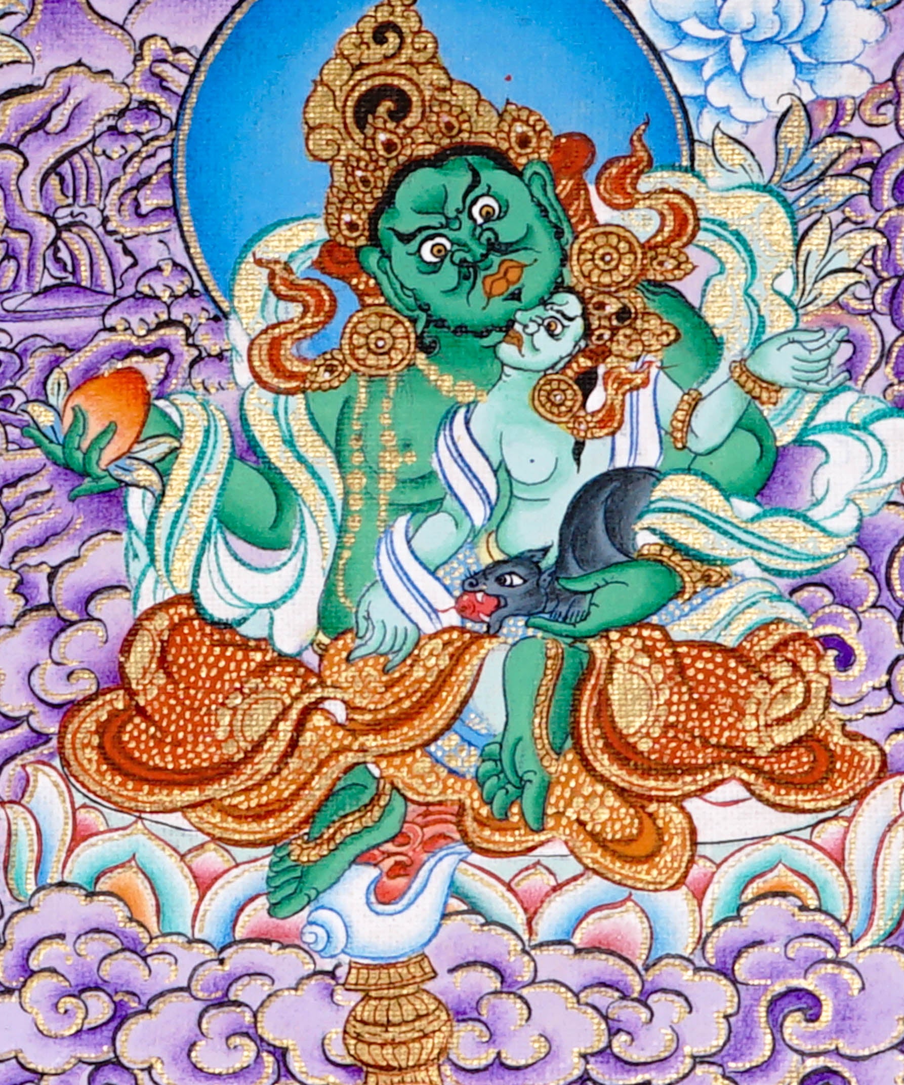 Five Zambala Tibetan artwork with purple background and detailed wealth deities