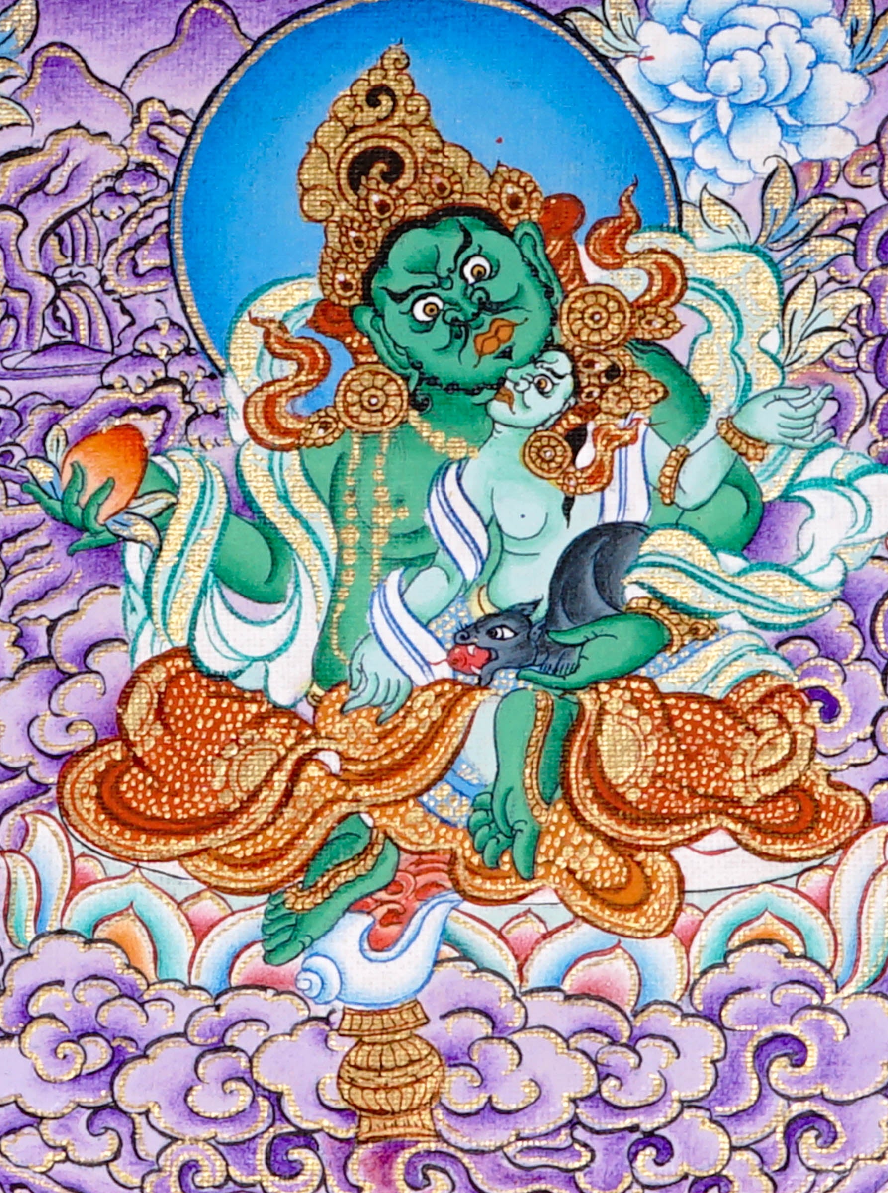 Five Zambala Tibetan artwork with purple background and detailed wealth deities