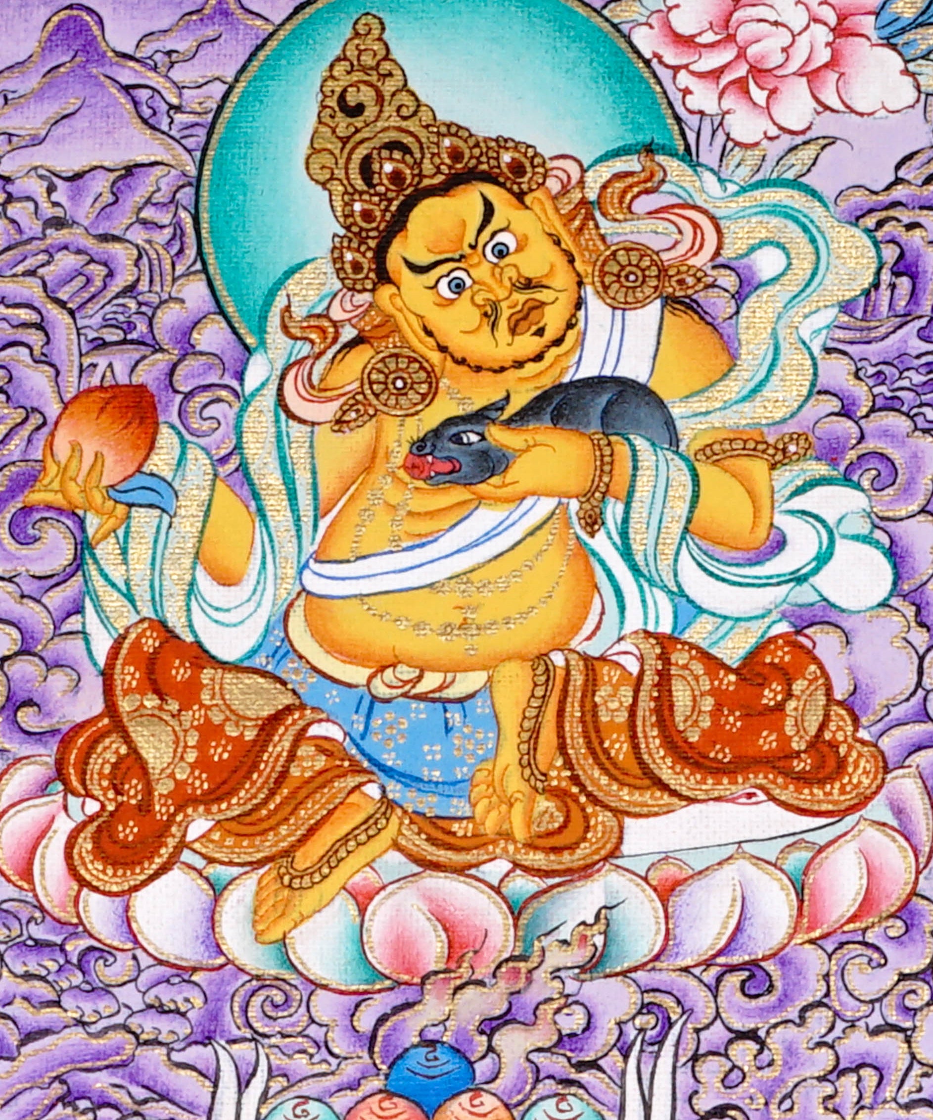 Five Zambala Tibetan artwork with purple background and detailed wealth deities