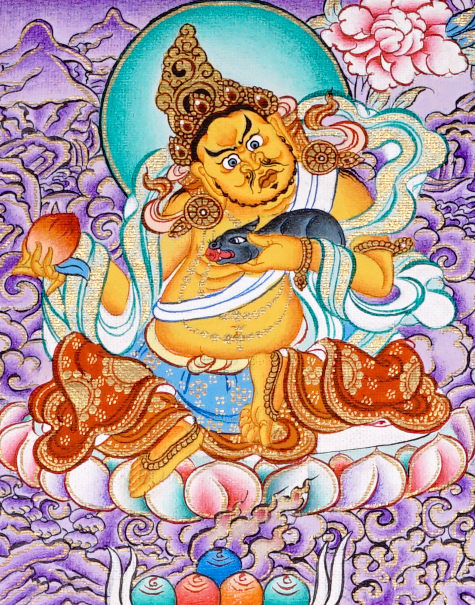 Five Zambala Tibetan artwork with purple background and detailed wealth deities