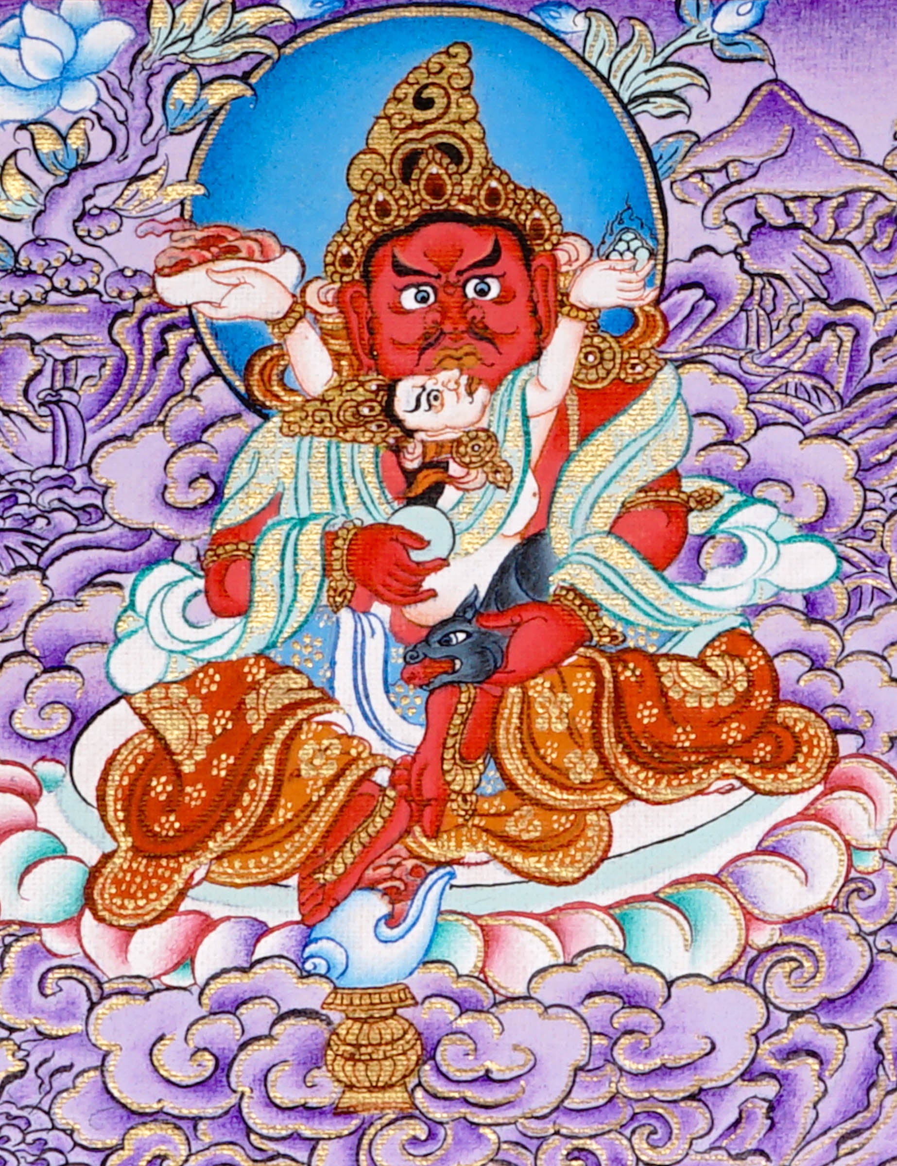 Five Zambala Tibetan artwork with purple background and detailed wealth deities