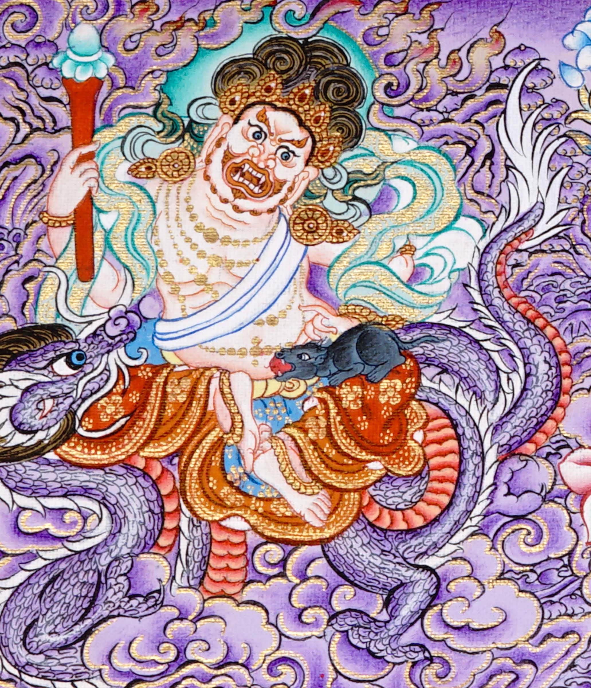 Five Zambala Tibetan artwork with purple background and detailed wealth deities
