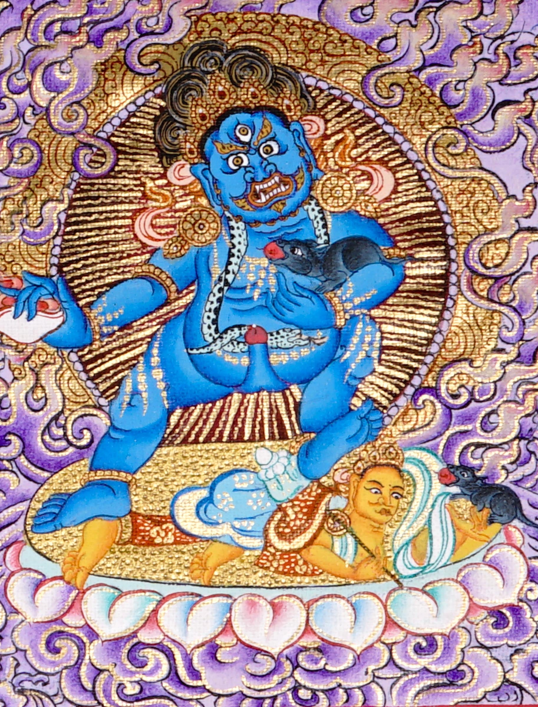 Five Zambala Tibetan artwork with purple background and detailed wealth deities