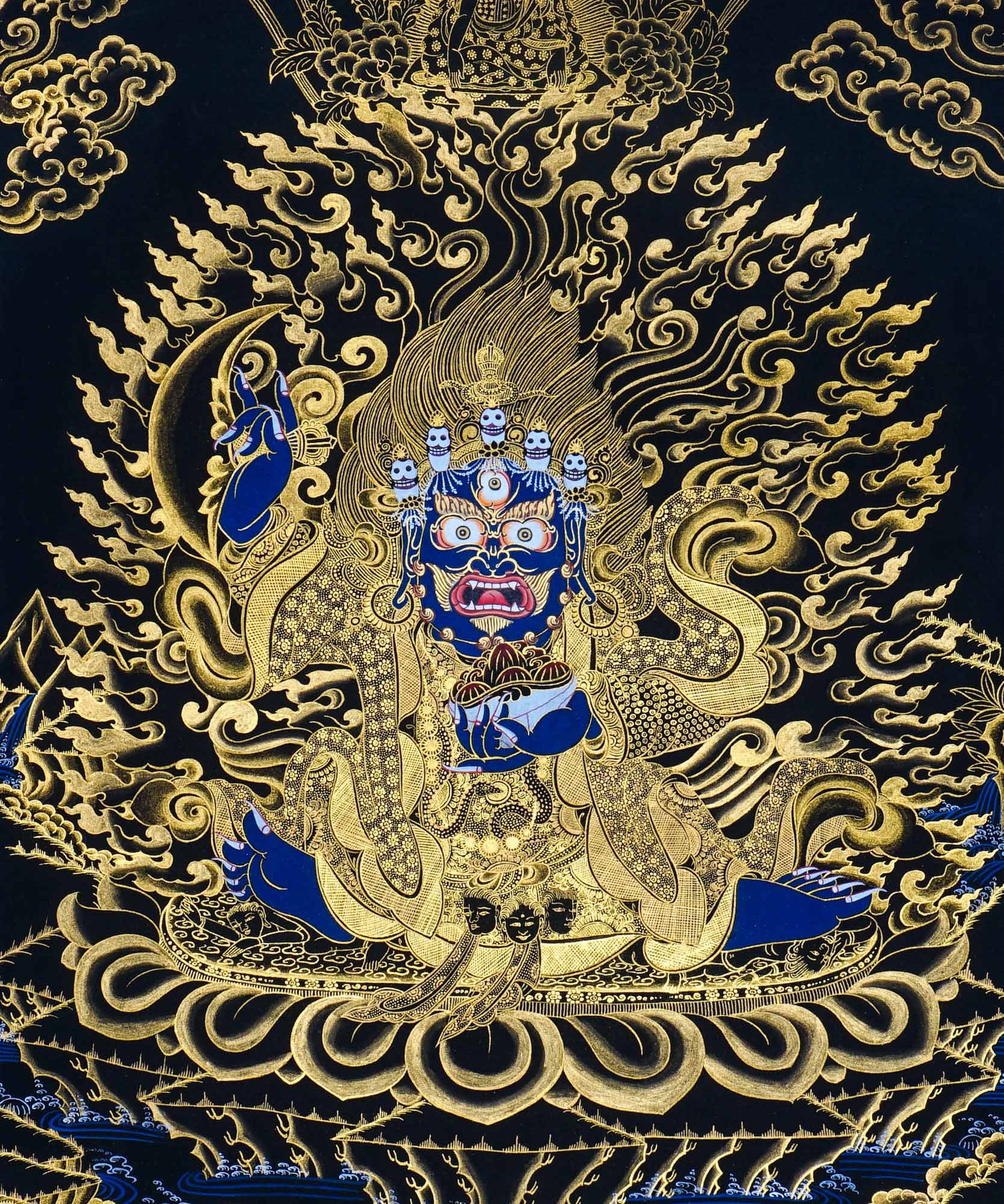 Kagyu Mahakal Thangka Painting showing a wrathful Tibetan Buddhist Dharma protector in black and gold style with blue details, skull crown, skull cup, flame aura, lotus base, gold clouds, lineage figure and Himalayan landscape.
