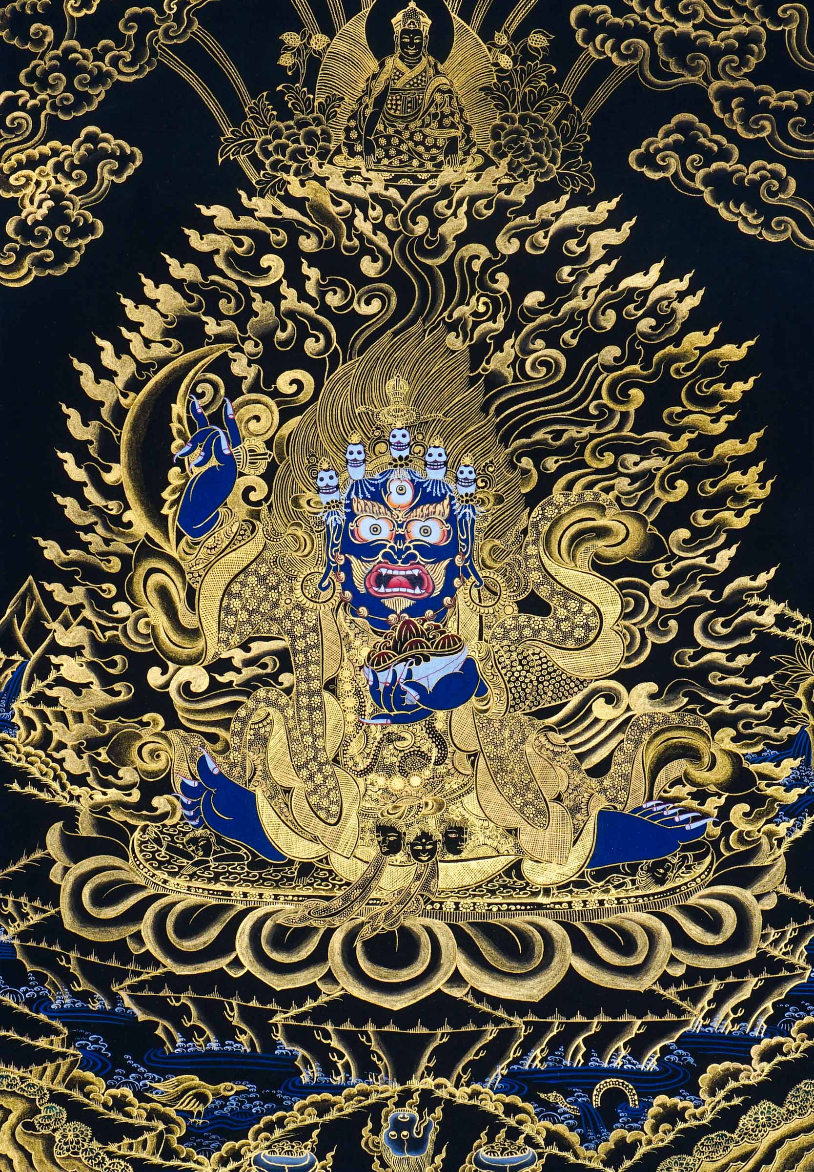 Kagyu Mahakal Thangka Painting showing a wrathful Tibetan Buddhist Dharma protector in black and gold style with blue details, skull crown, skull cup, flame aura, lotus base, gold clouds, lineage figure and Himalayan landscape.