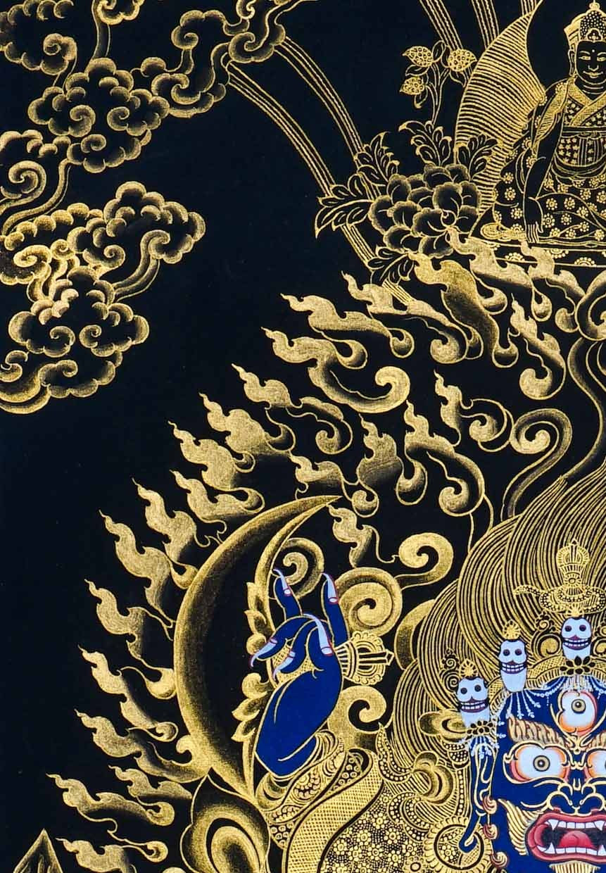 Kagyu Mahakal Thangka Painting showing a wrathful Tibetan Buddhist Dharma protector in black and gold style with blue details, skull crown, skull cup, flame aura, lotus base, gold clouds, lineage figure and Himalayan landscape.