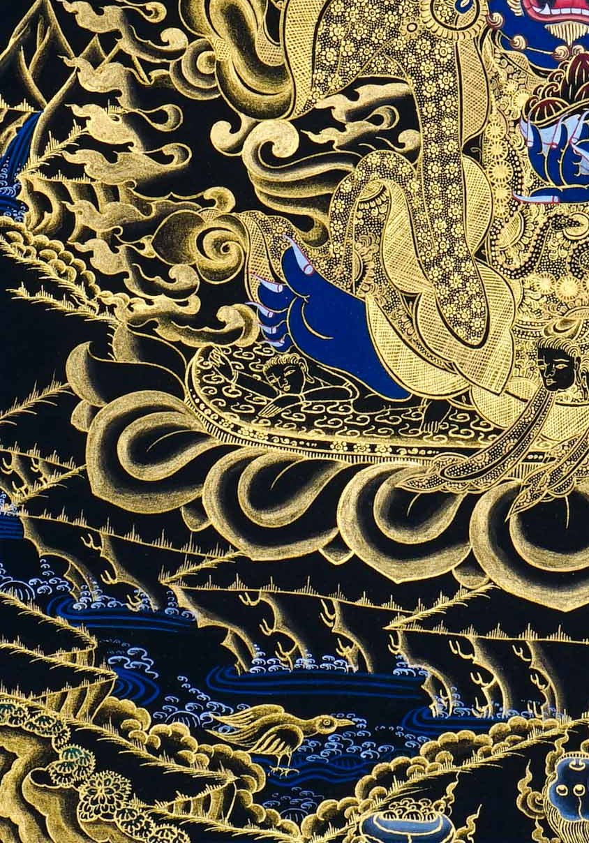Kagyu Mahakal Thangka Painting showing a wrathful Tibetan Buddhist Dharma protector in black and gold style with blue details, skull crown, skull cup, flame aura, lotus base, gold clouds, lineage figure and Himalayan landscape.