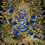Six Hand Mahakala Thangka Painting – full view, six-armed wrathful protector in black, gold and blue with flame motifs and lotus base