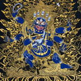 Six Hand Mahakala Thangka Painting – full view, six-armed wrathful protector in black, gold and blue with flame motifs and lotus base