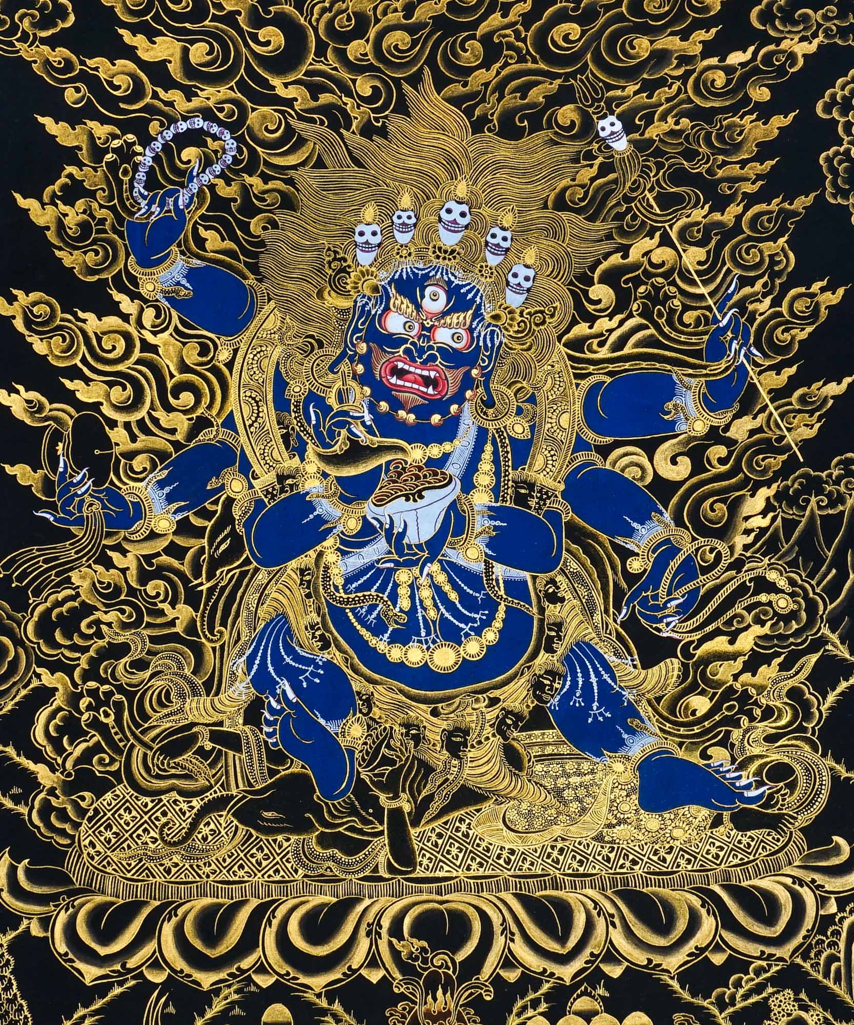 Six Hand Mahakala Thangka Painting – full view, six-armed wrathful protector in black, gold and blue with flame motifs and lotus base