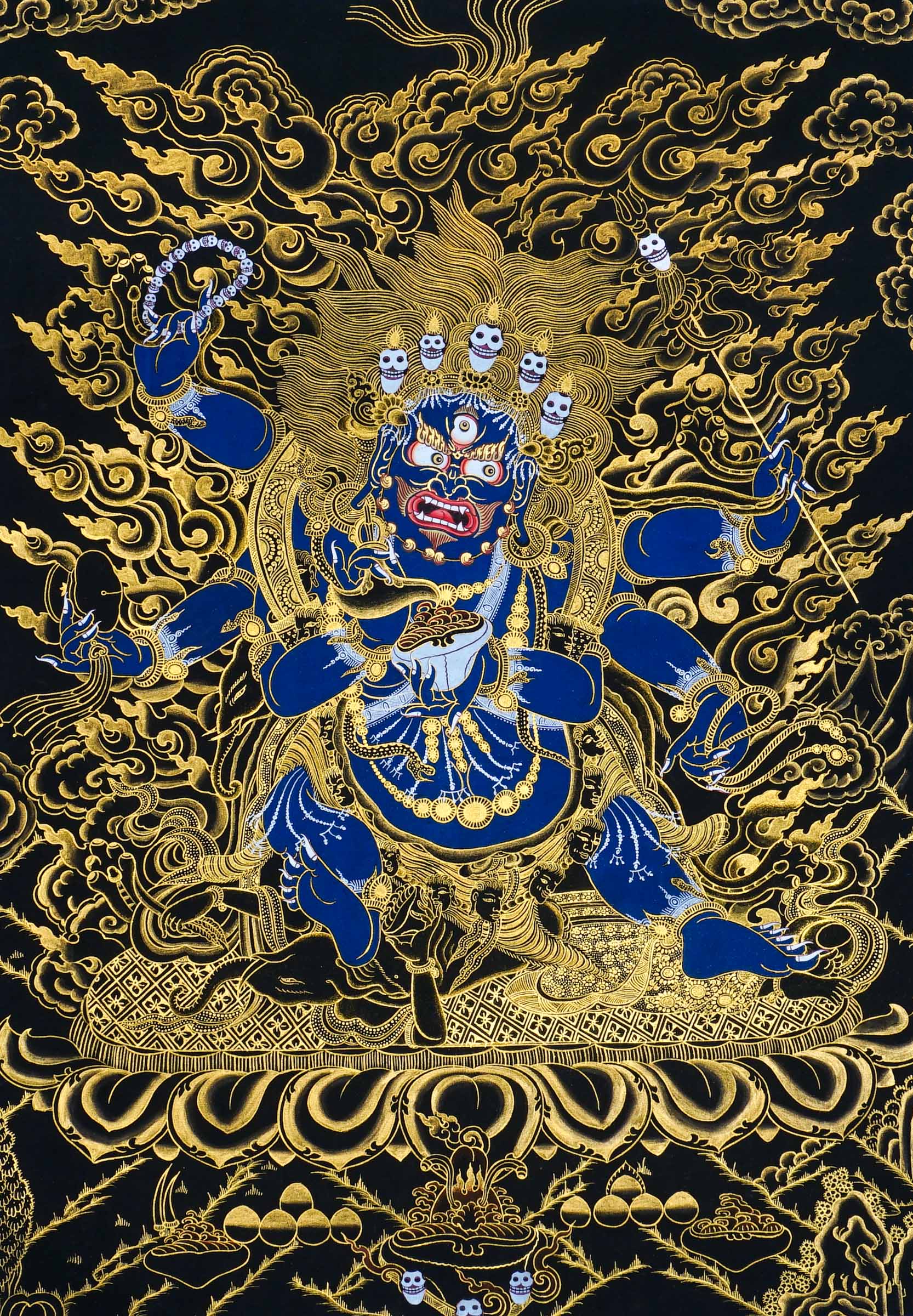 Six Hand Mahakala Thangka Painting – full view, six-armed wrathful protector in black, gold and blue with flame motifs and lotus base
