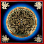 50x50cm traditional Buddhist Mantra Mandala wall art for meditation, featuring gold lettering and healing blue borders.