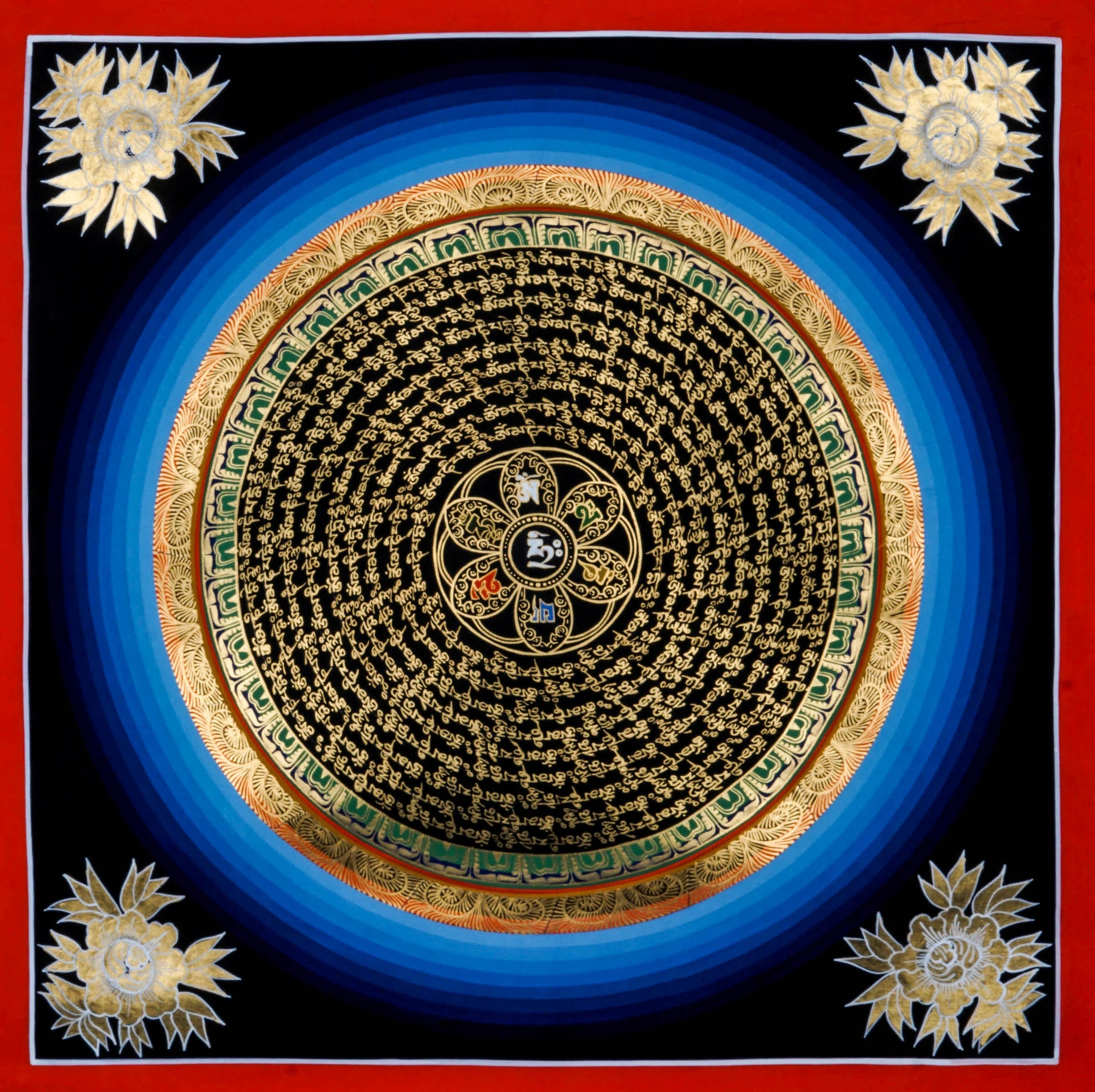 50x50cm traditional Buddhist Mantra Mandala wall art for meditation, featuring gold lettering and healing blue borders.
