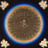50x50cm traditional Buddhist Mantra Mandala wall art for meditation, featuring gold lettering and healing blue borders.