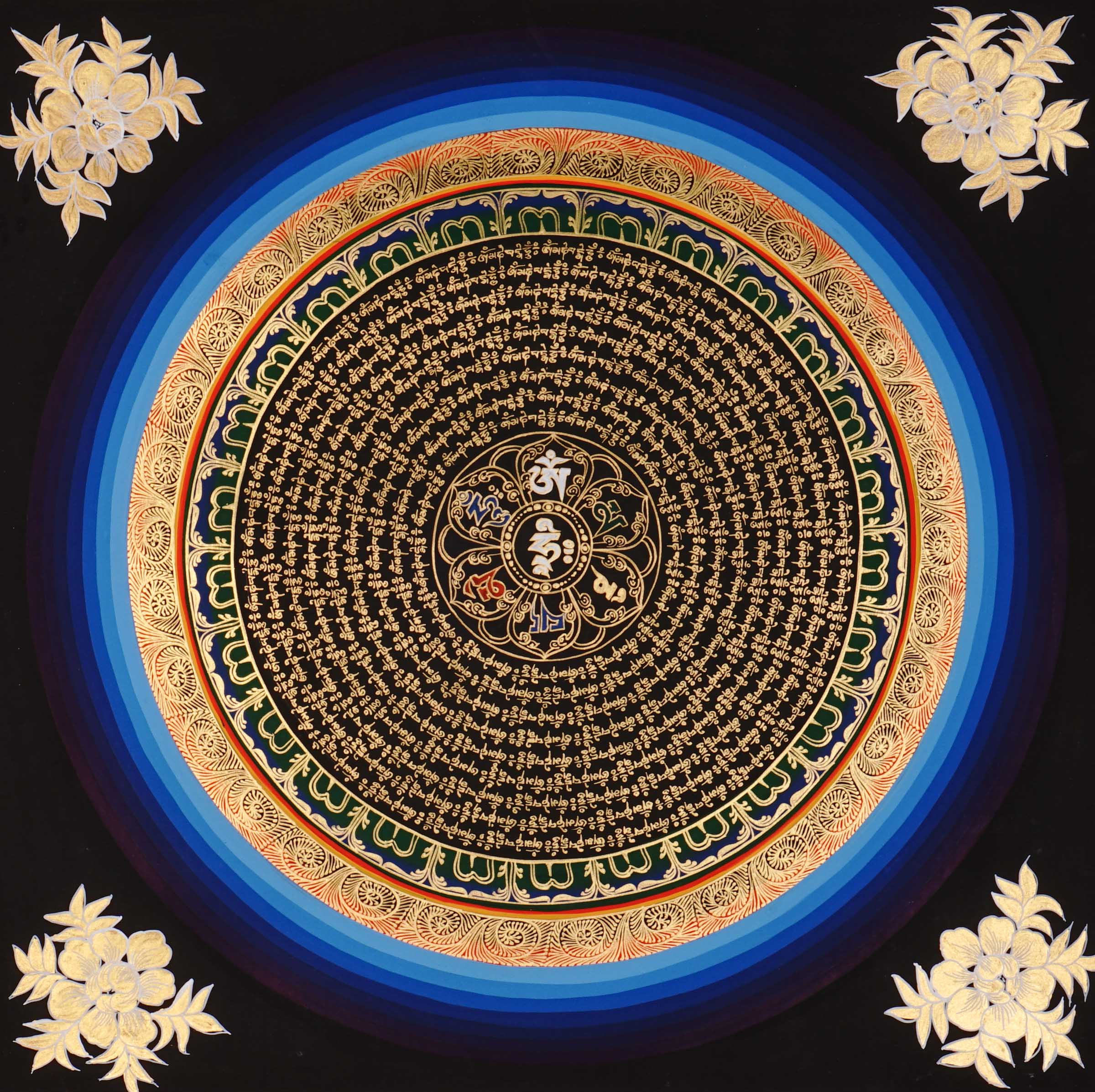 50x50cm traditional Buddhist Mantra Mandala wall art for meditation, featuring gold lettering and healing blue borders.