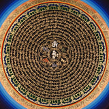 50x50cm traditional Buddhist Mantra Mandala wall art for meditation, featuring gold lettering and healing blue borders.