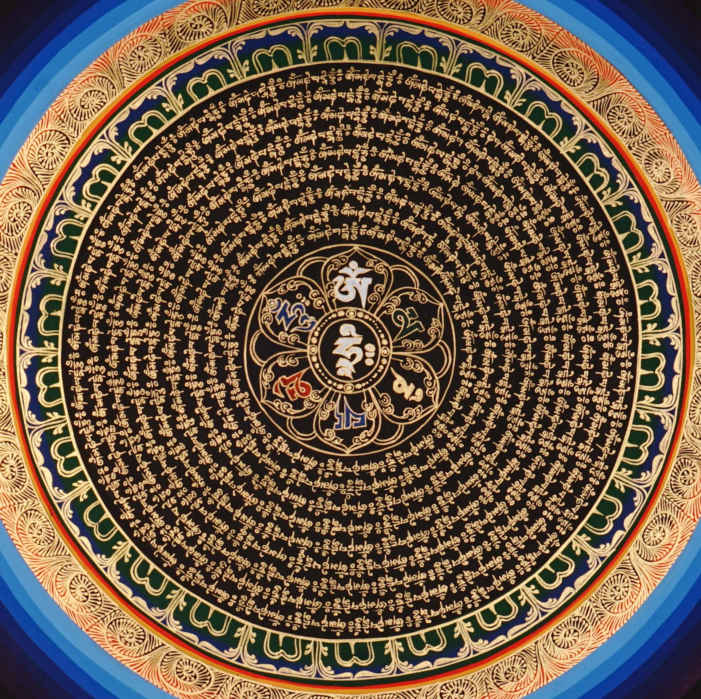 50x50cm traditional Buddhist Mantra Mandala wall art for meditation, featuring gold lettering and healing blue borders.