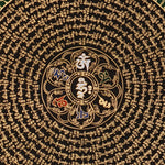 50x50cm traditional Buddhist Mantra Mandala wall art for meditation, featuring gold lettering and healing blue borders.