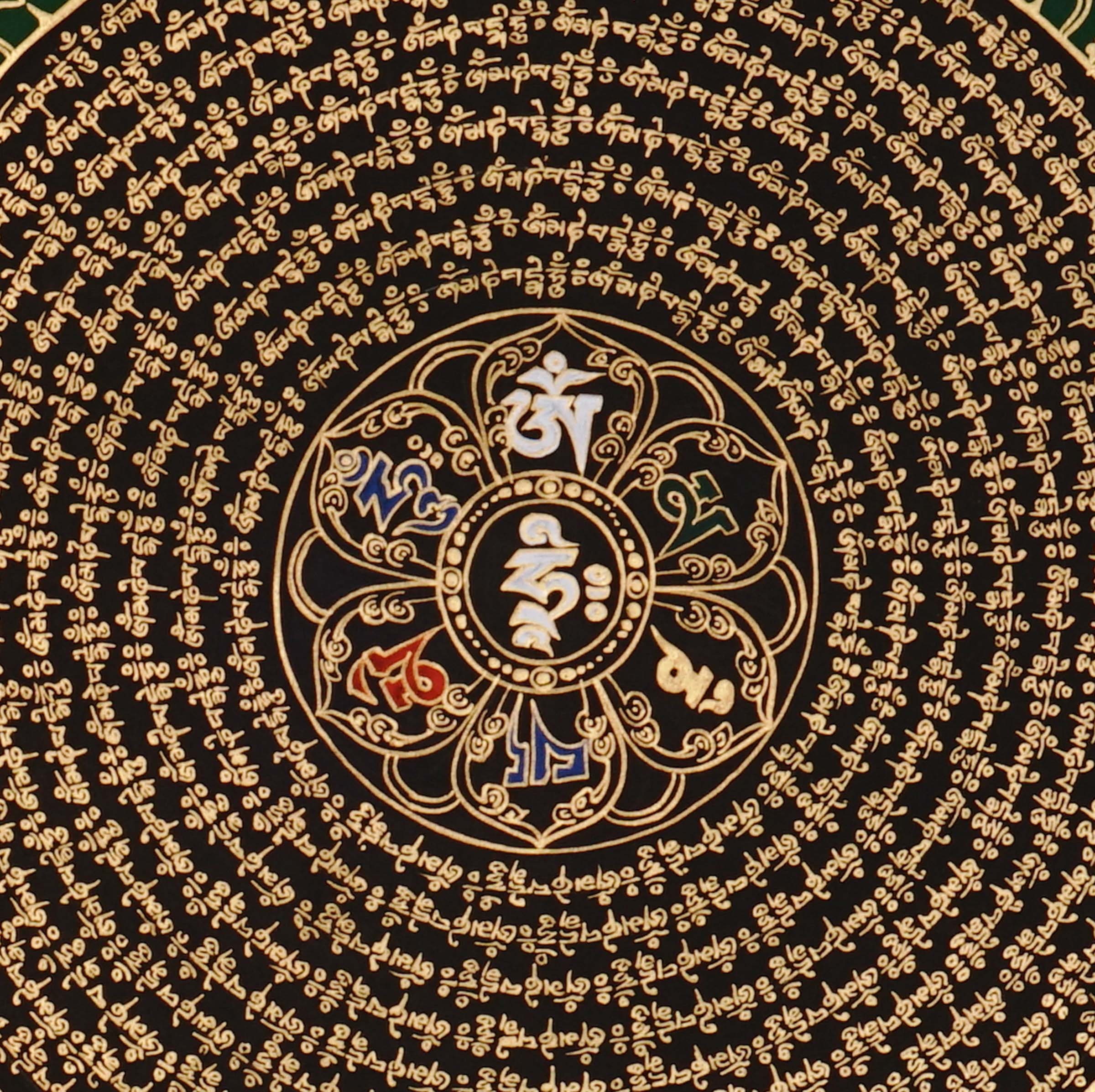 50x50cm traditional Buddhist Mantra Mandala wall art for meditation, featuring gold lettering and healing blue borders.