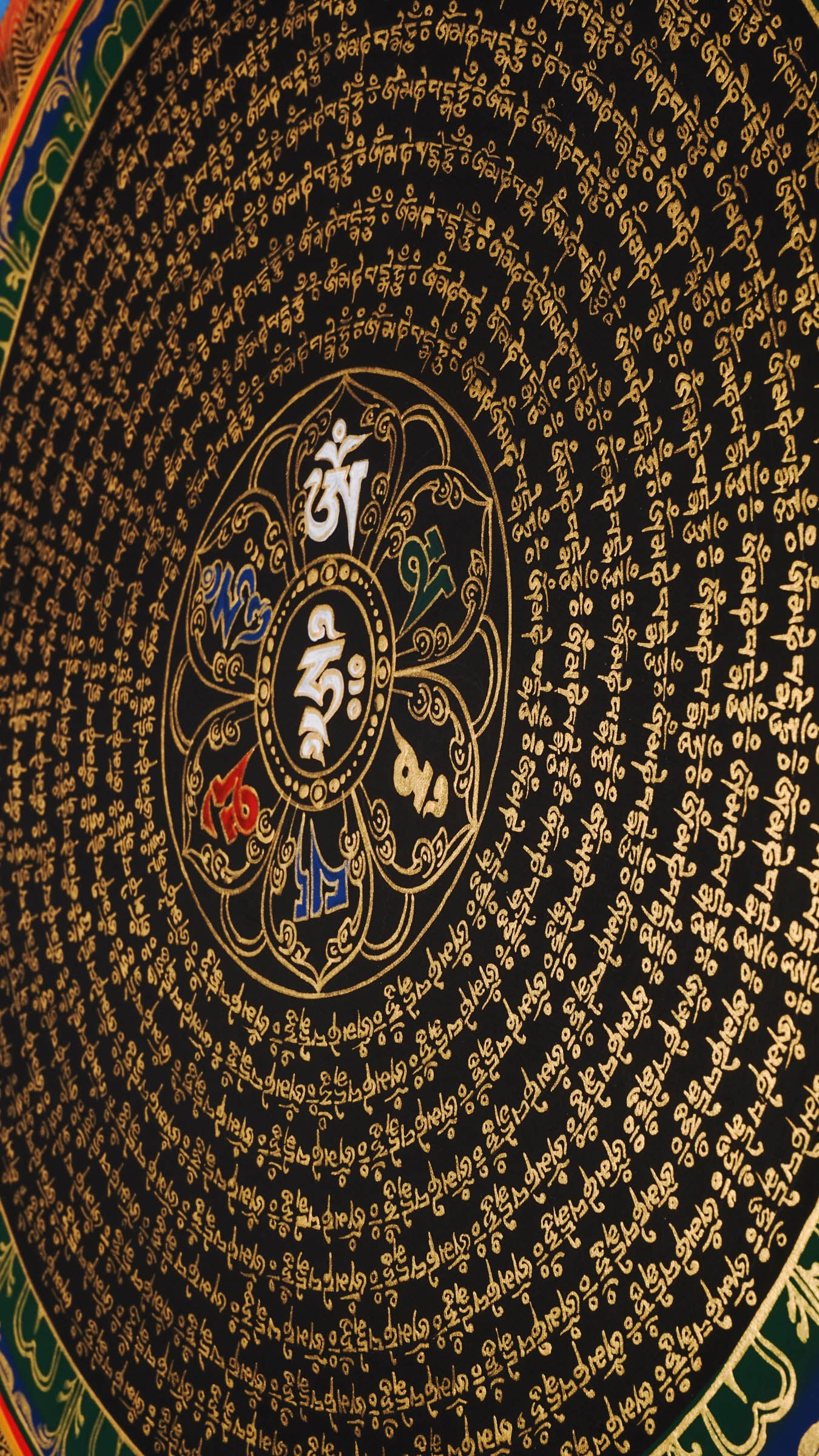50x50cm traditional Buddhist Mantra Mandala wall art for meditation, featuring gold lettering and healing blue borders.