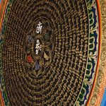 50x50cm traditional Buddhist Mantra Mandala wall art for meditation, featuring gold lettering and healing blue borders.