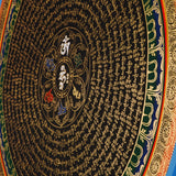 50x50cm traditional Buddhist Mantra Mandala wall art for meditation, featuring gold lettering and healing blue borders.
