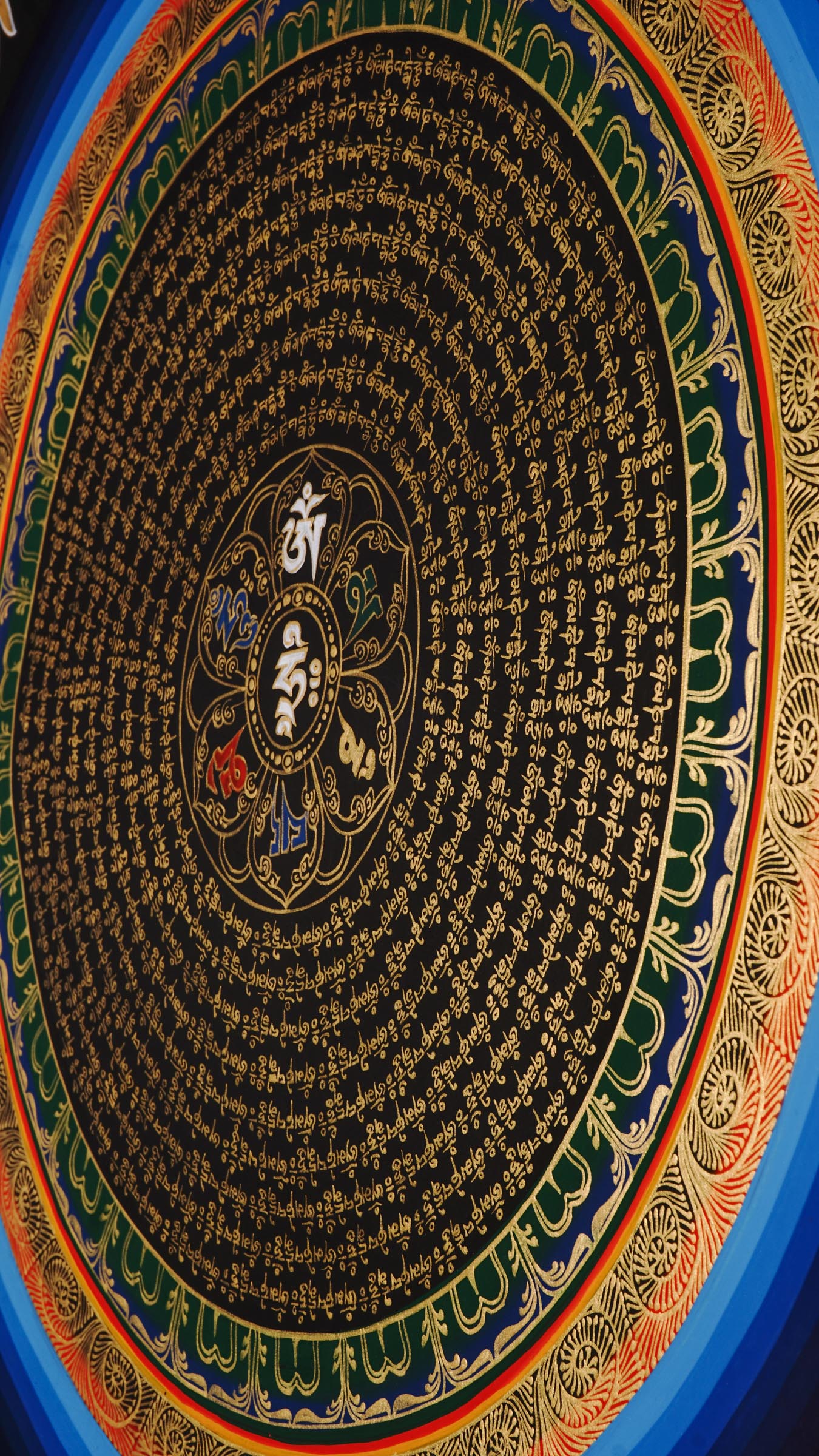 50x50cm traditional Buddhist Mantra Mandala wall art for meditation, featuring gold lettering and healing blue borders.