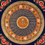 Tibetan mantra mandala artwork with sacred script and decorative floral borders