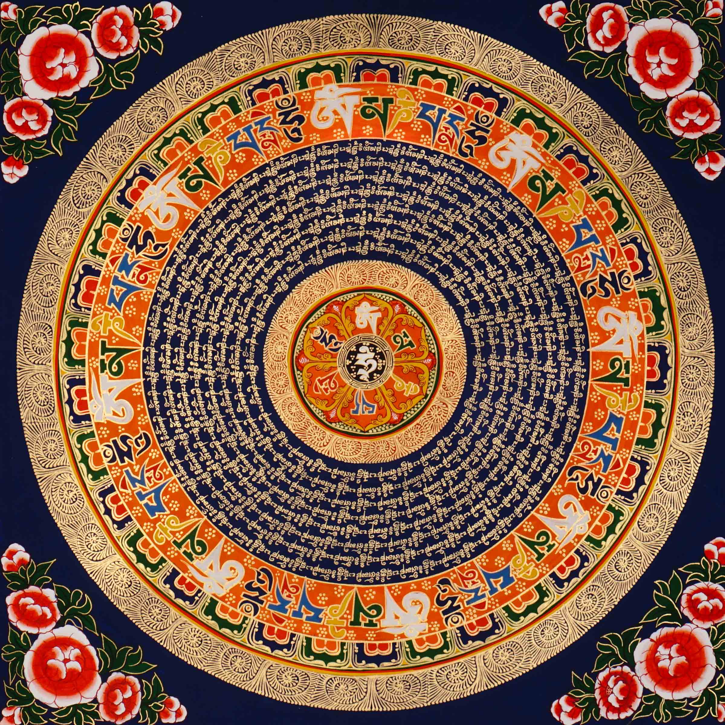 Tibetan mantra mandala artwork with sacred script and decorative floral borders