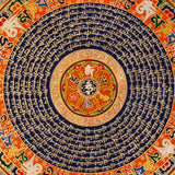 Tibetan mantra mandala artwork with sacred script and decorative floral borders