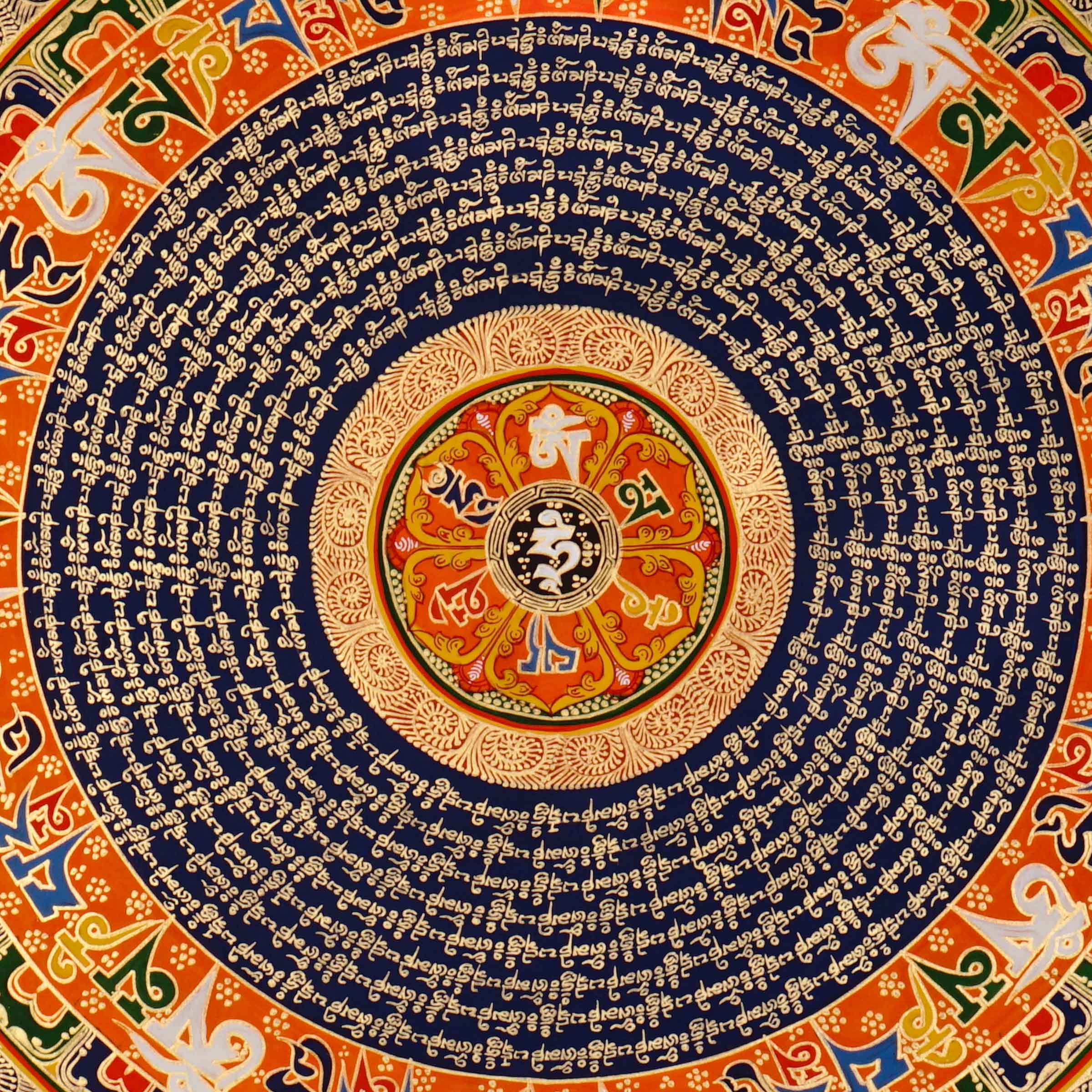 Tibetan mantra mandala artwork with sacred script and decorative floral borders