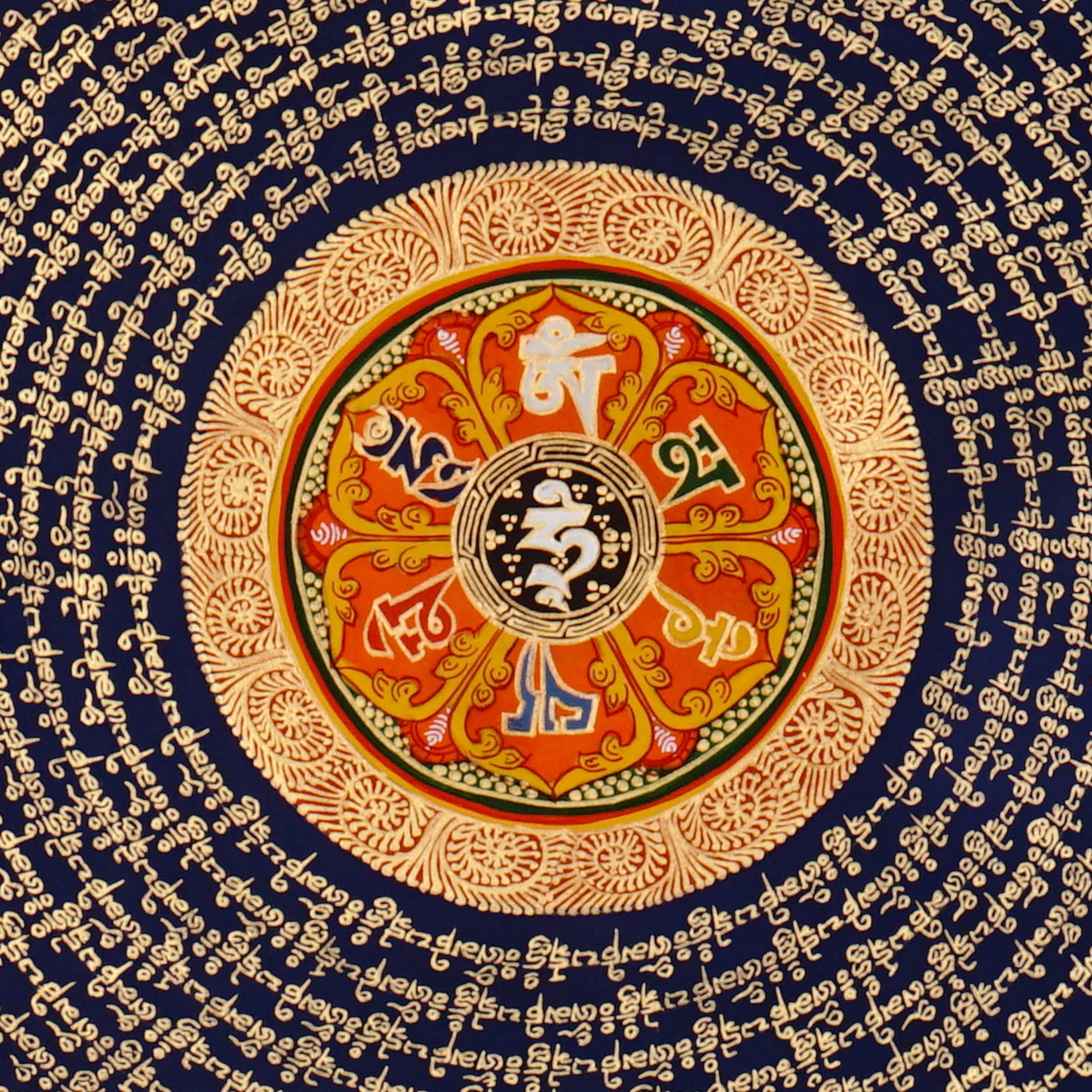 Tibetan mantra mandala artwork with sacred script and decorative floral borders