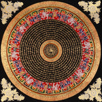 Tibetan mantra mandala artwork with gold script on black background