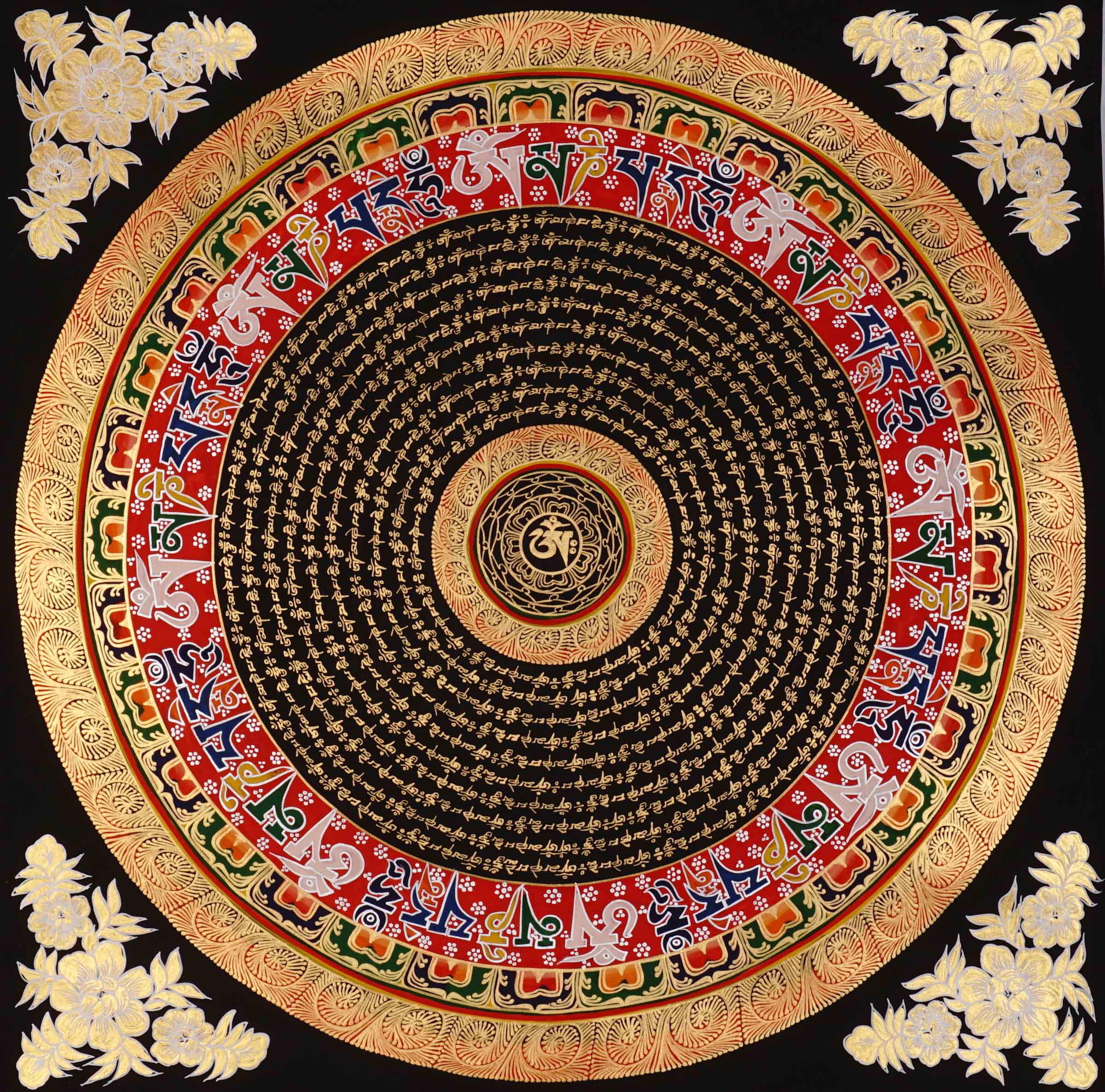 Tibetan mantra mandala artwork with gold script on black background