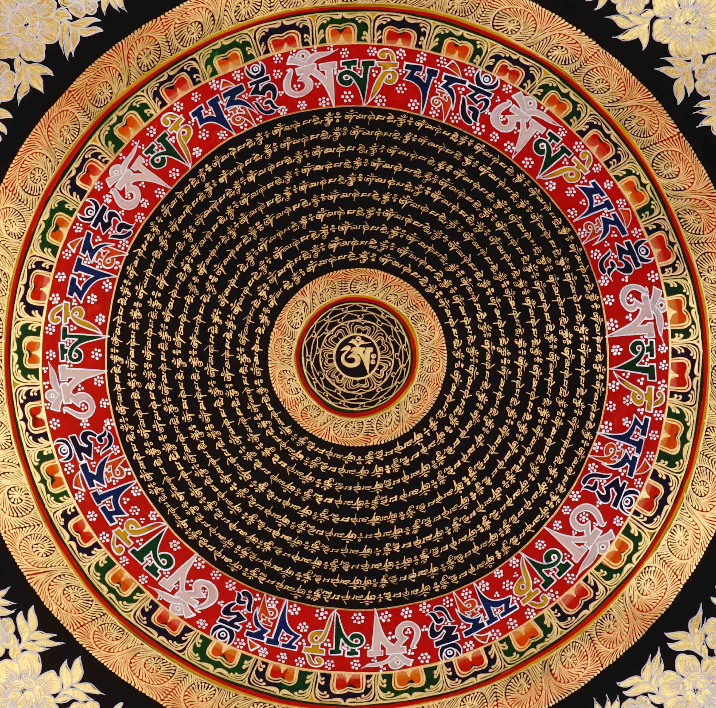 Tibetan mantra mandala artwork with gold script on black background
