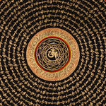 Tibetan mantra mandala artwork with gold script on black background