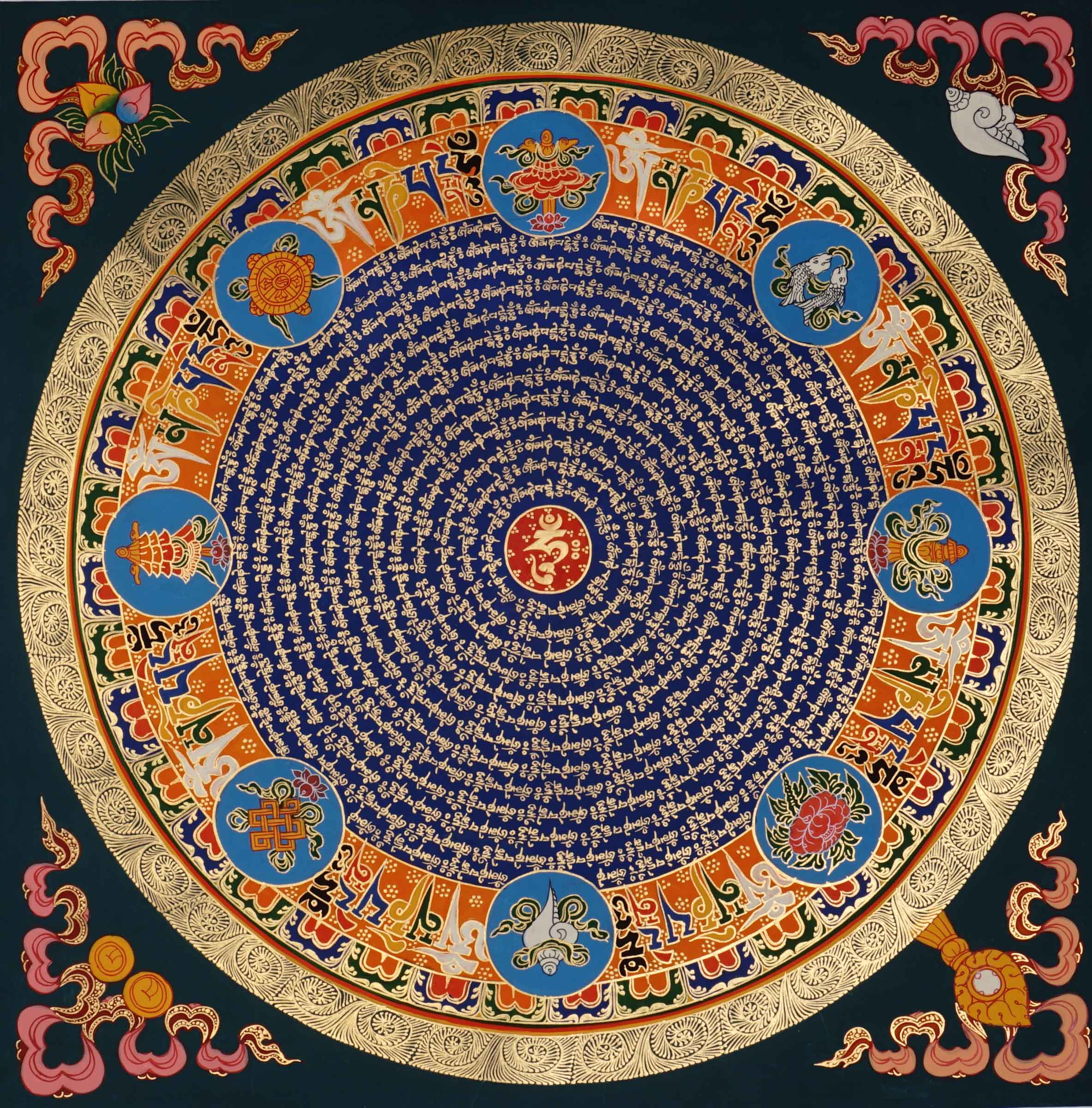 Tibetan mantra mandala with eight auspicious symbols and sacred script