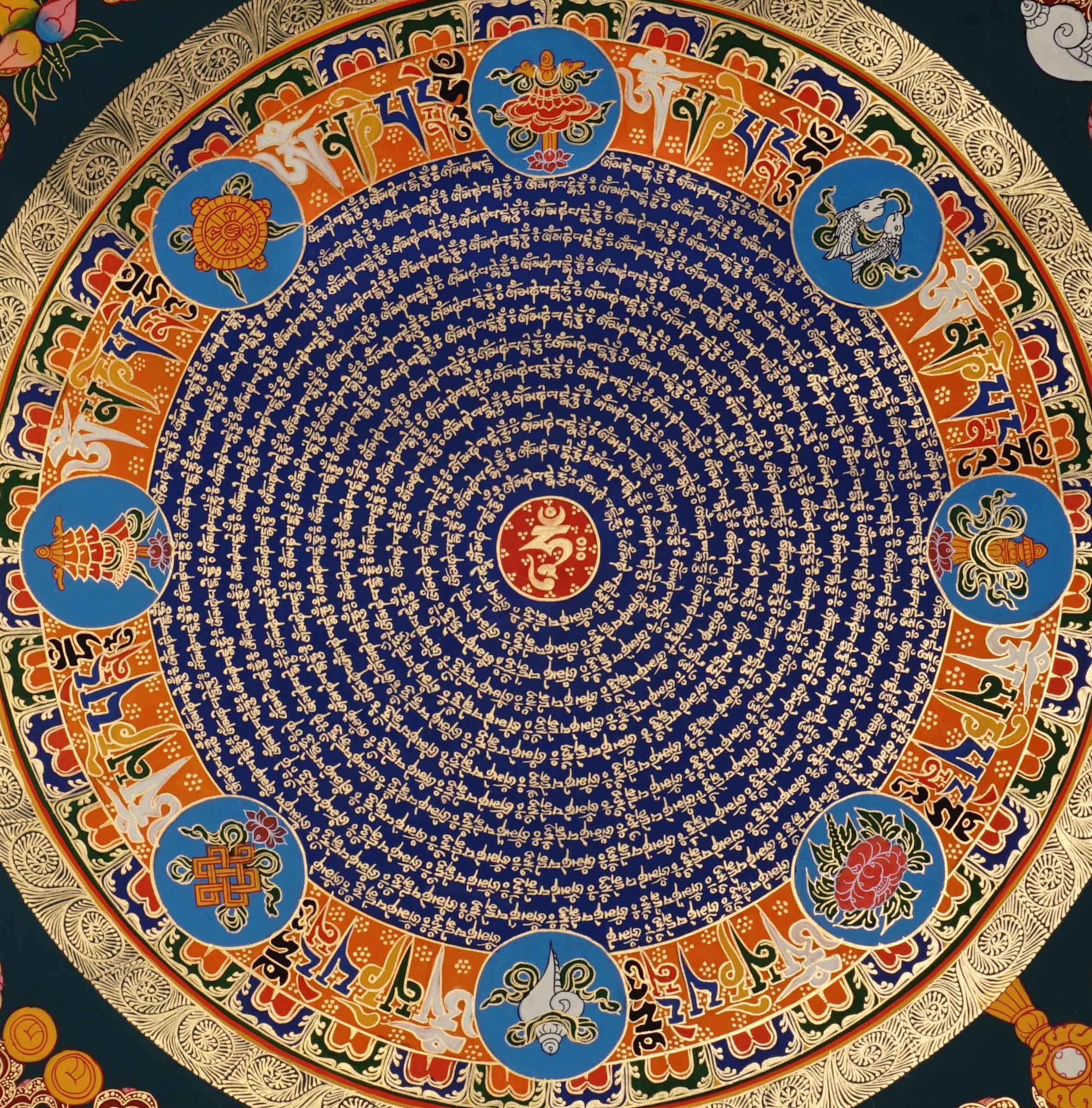 Tibetan mantra mandala with eight auspicious symbols and sacred script