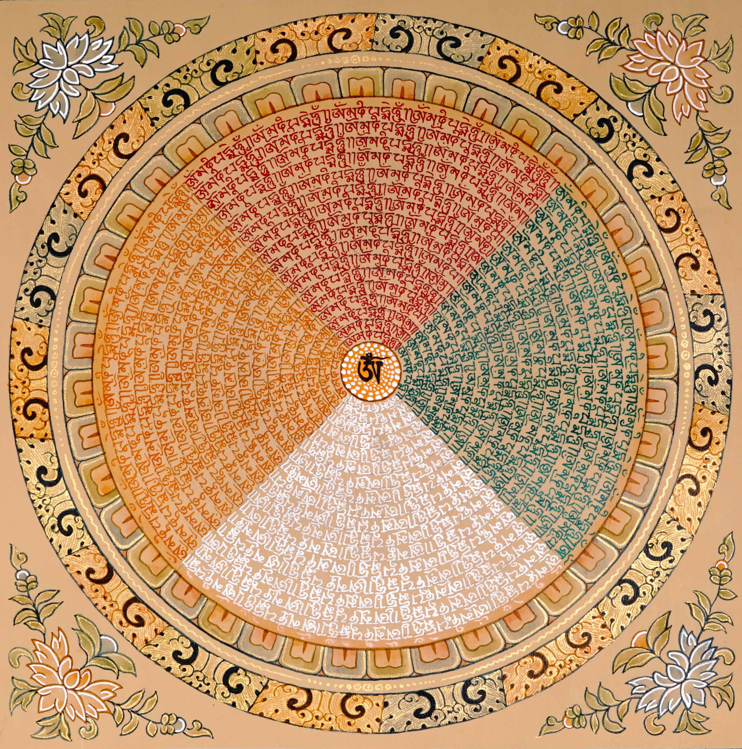 Om mantra mandala artwork with multicolour Tibetan mantra script in High quality work