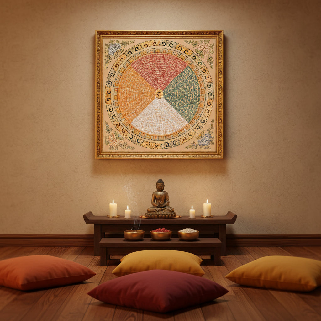Om mantra mandala artwork with multicolour Tibetan mantra script in High quality work