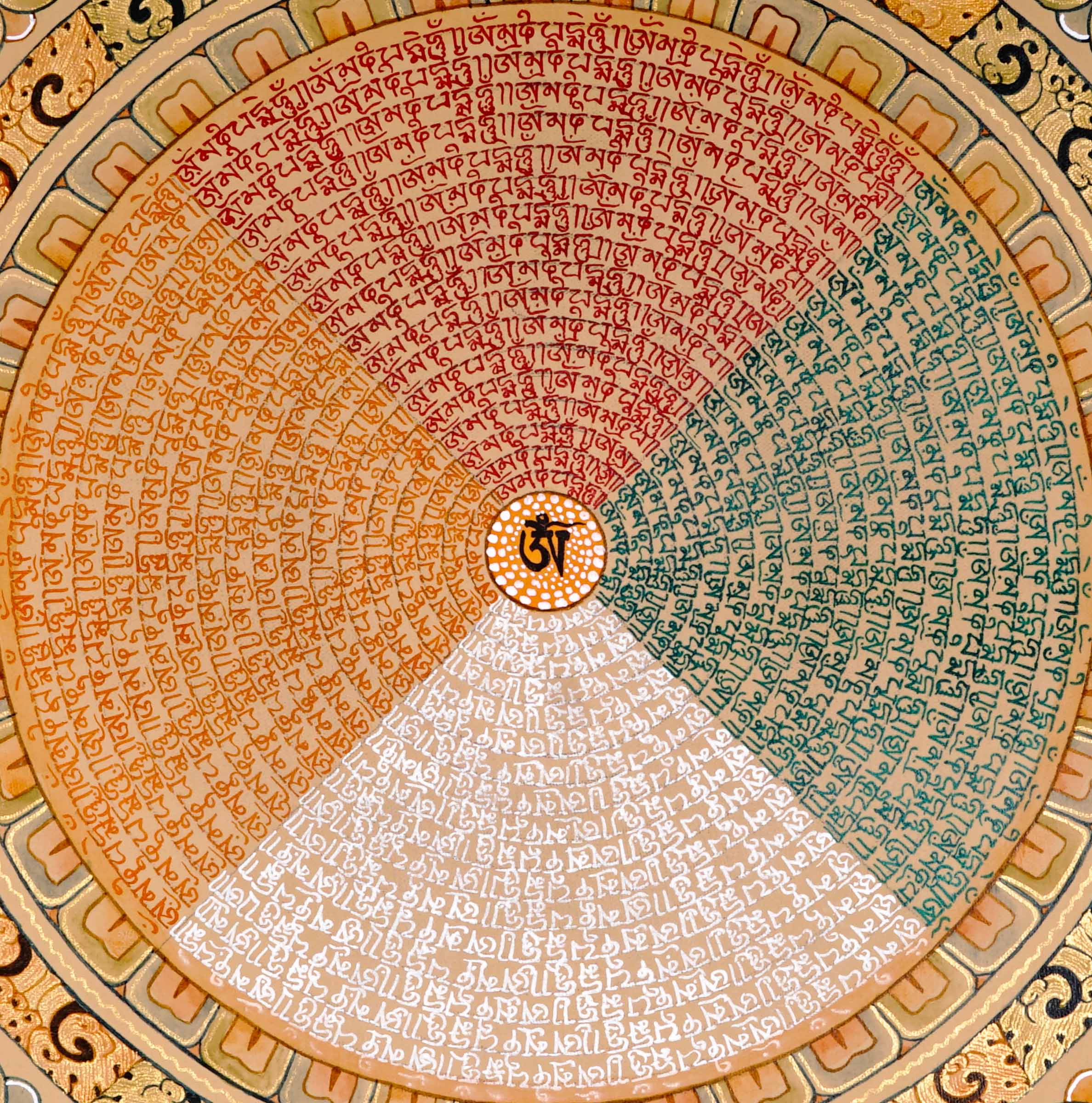 Om mantra mandala artwork with multicolour Tibetan mantra script