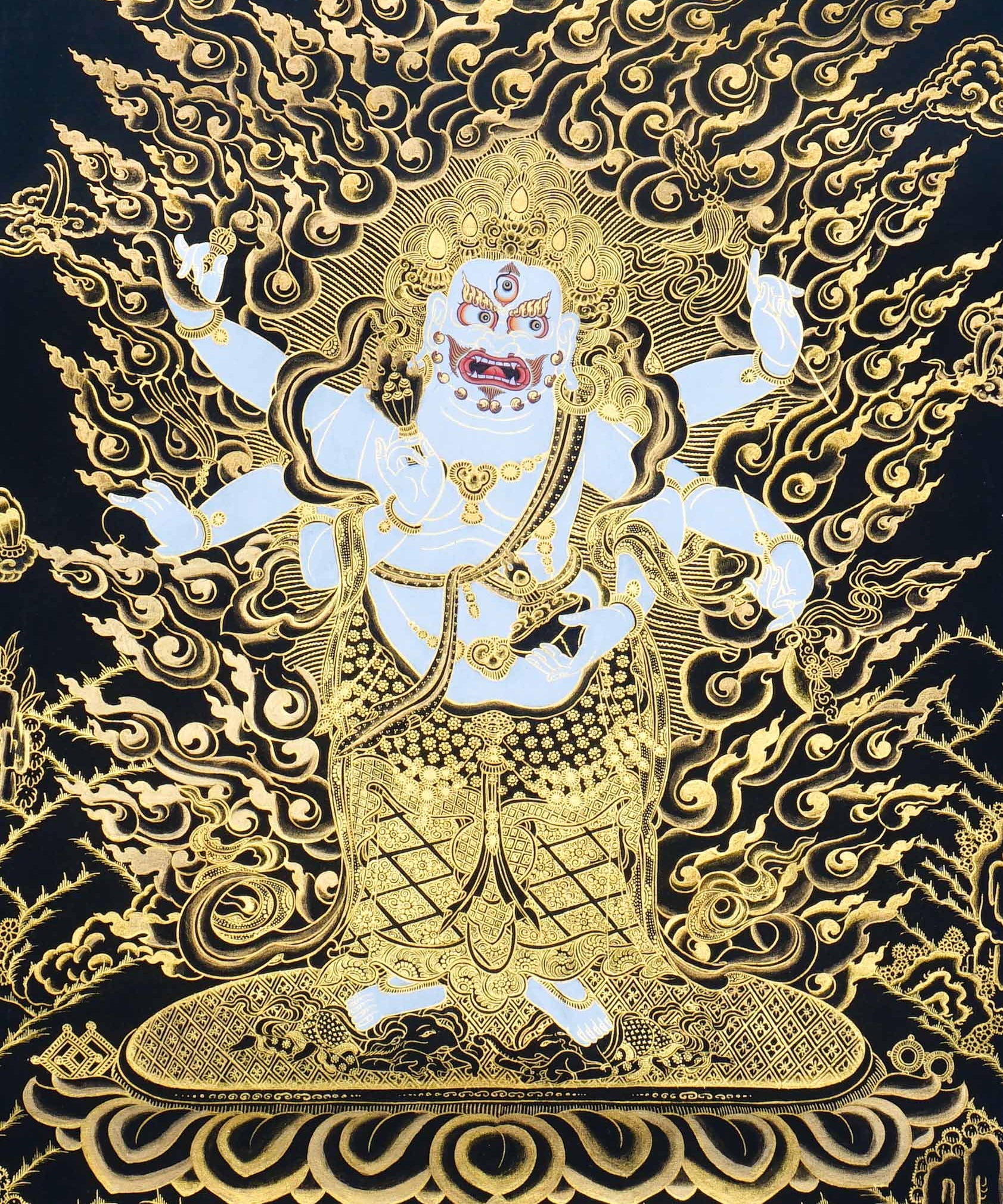 Six Hand White Mahakala Thangka Painting showing a white Tibetan Buddhist protector deity with six arms, wrathful expression, ritual implements, flame aura, gold cloud details, offering symbols and lotus base in black and gold style.
