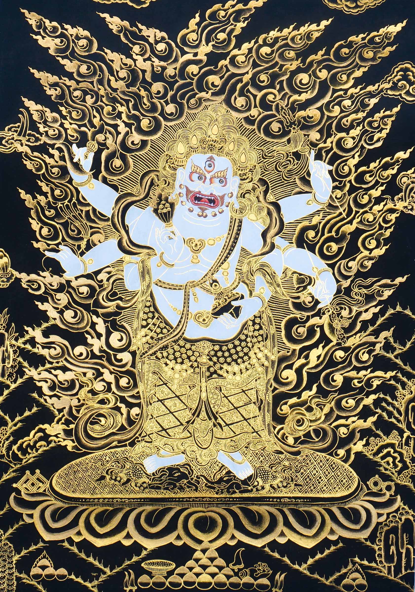 Six Hand White Mahakala Thangka Painting showing a white Tibetan Buddhist protector deity with six arms, wrathful expression, ritual implements, flame aura, gold cloud details, offering symbols and lotus base in black and gold style.