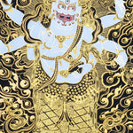 Six Hand White Mahakala Thangka Painting showing a white Tibetan Buddhist protector deity with six arms, wrathful expression, ritual implements, flame aura, gold cloud details, offering symbols and lotus base in black and gold style.