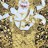 Six Hand White Mahakala Thangka Painting showing a white Tibetan Buddhist protector deity with six arms, wrathful expression, ritual implements, flame aura, gold cloud details, offering symbols and lotus base in black and gold style.