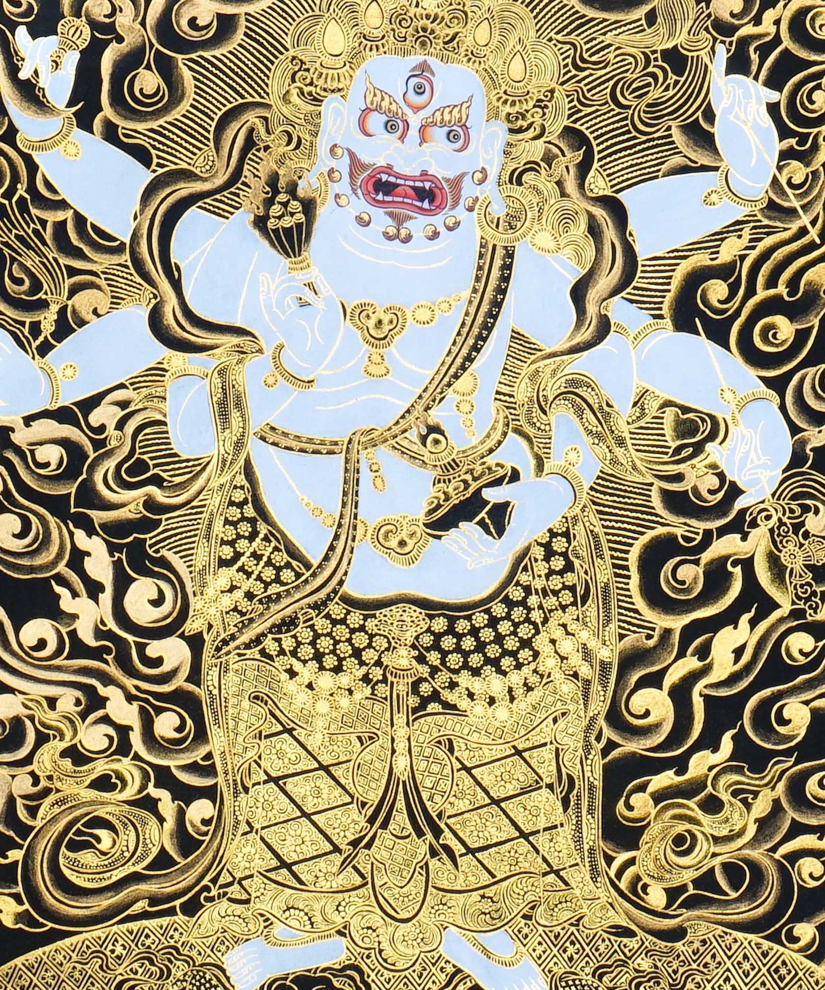 Six Hand White Mahakala Thangka Painting showing a white Tibetan Buddhist protector deity with six arms, wrathful expression, ritual implements, flame aura, gold cloud details, offering symbols and lotus base in black and gold style.