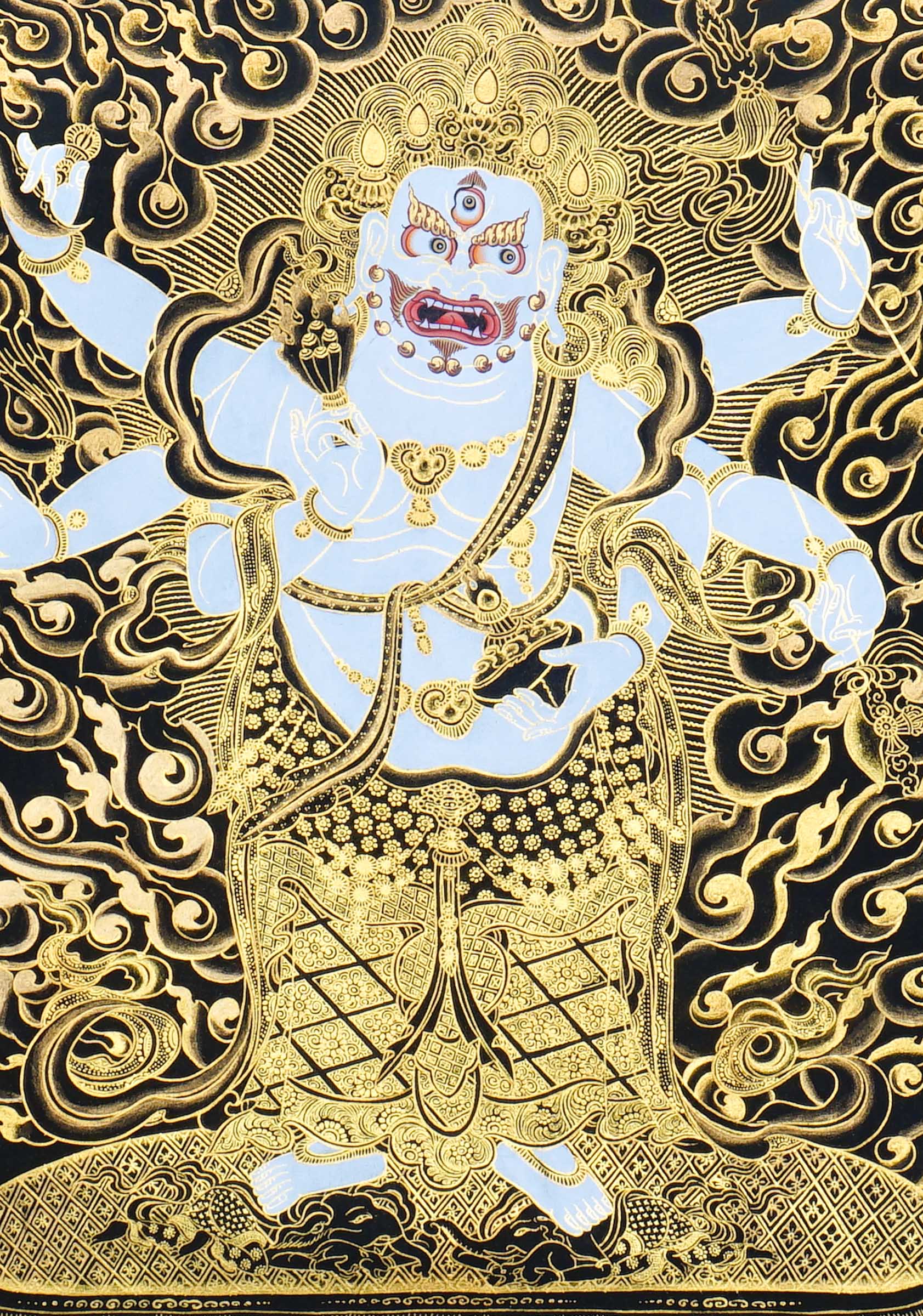 Six Hand White Mahakala Thangka Painting showing a white Tibetan Buddhist protector deity with six arms, wrathful expression, ritual implements, flame aura, gold cloud details, offering symbols and lotus base in black and gold style.
