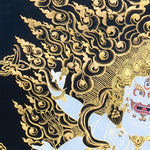 Six Hand White Mahakala Thangka Painting showing a white Tibetan Buddhist protector deity with six arms, wrathful expression, ritual implements, flame aura, gold cloud details, offering symbols and lotus base in black and gold style.