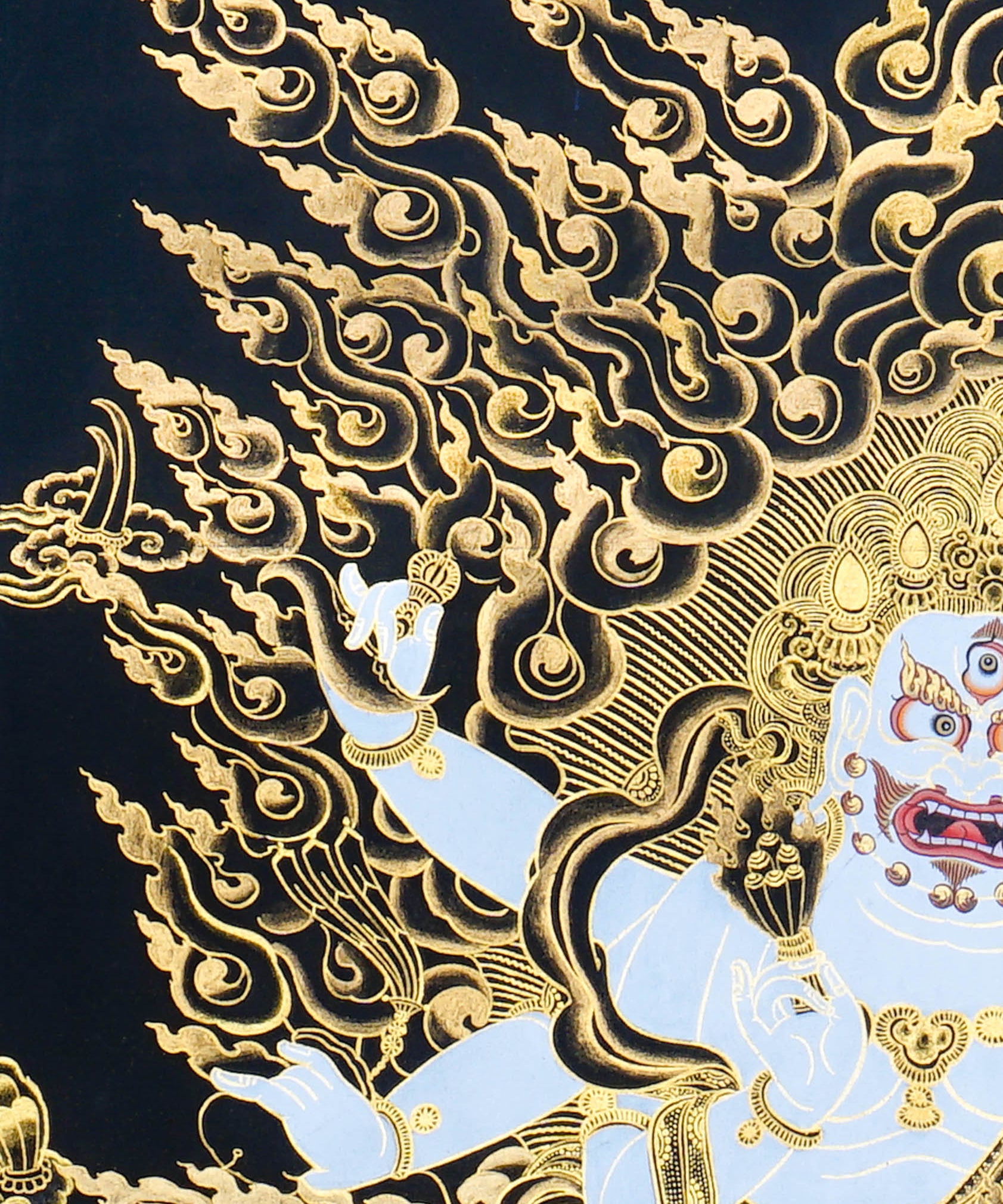 Six Hand White Mahakala Thangka Painting showing a white Tibetan Buddhist protector deity with six arms, wrathful expression, ritual implements, flame aura, gold cloud details, offering symbols and lotus base in black and gold style.