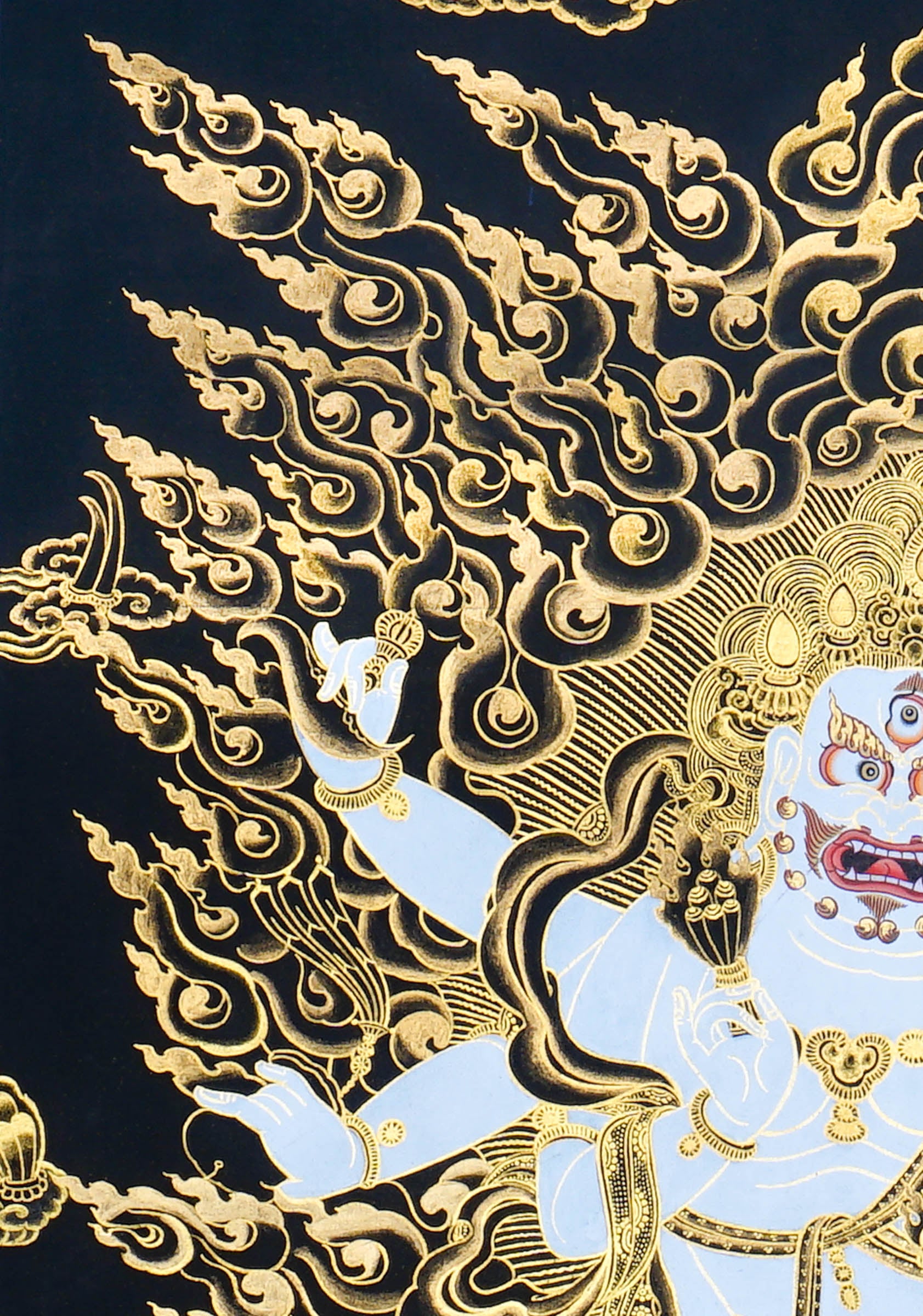 Six Hand White Mahakala Thangka Painting showing a white Tibetan Buddhist protector deity with six arms, wrathful expression, ritual implements, flame aura, gold cloud details, offering symbols and lotus base in black and gold style.